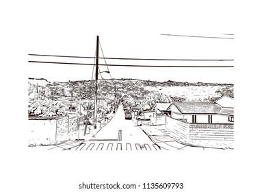 Building with landmark of Charleston, the South Carolina port city. Hand drawn sketch illustration in vector.