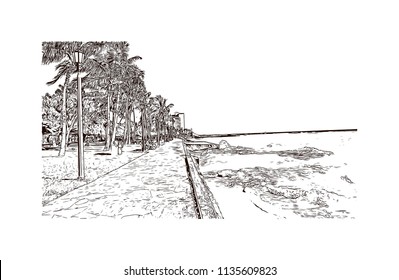 Building with landmark of Charleston, the South Carolina port city. Hand drawn sketch illustration in vector.