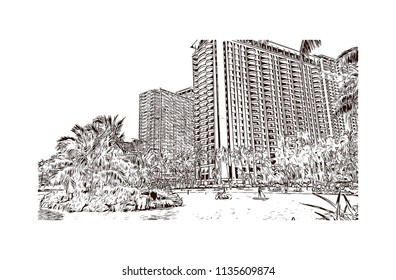 Building with landmark of Charleston, the South Carolina port city. Hand drawn sketch illustration in vector.