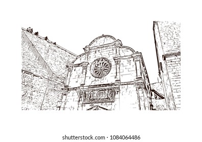 Building with landmark of Dubrovnik, City in Croatia. Hand drawn sketch illustration in vector.