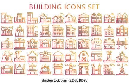 building and landmark gradient outline icons set. contain such as apartment, condominium, house, school and more. Vector EPS 10 ready convert to SVG. use for modern concept, UI or UX kit, web and app. svg