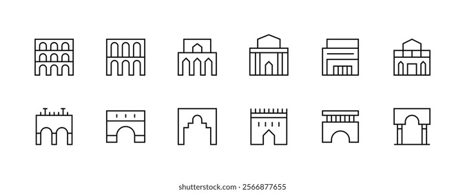 Building and landmark icon collection. City, skyscrapers, city building, residence, cityscape, architectural building and more. Editable stroke. Pixel Perfect. Grid base 32px.