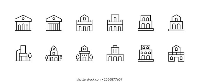 Building and landmark icon collection. City, skyscrapers, city building, residence, cityscape, architectural building and more. Editable stroke. Pixel Perfect. Grid base 32px.