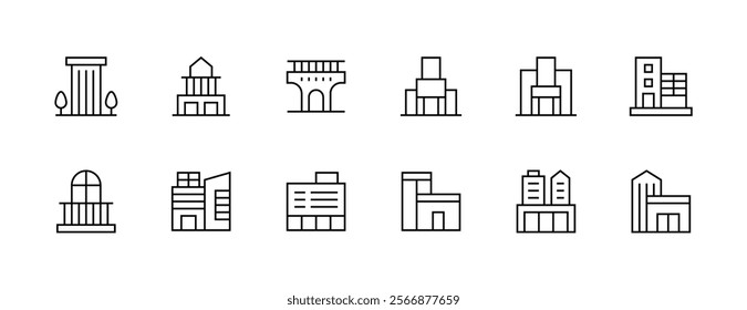 Building and landmark icon collection. City, skyscrapers, city building, residence, cityscape, architectural building and more. Editable stroke. Pixel Perfect. Grid base 32px.