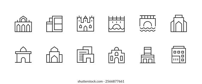 Building and landmark icon collection. City, skyscrapers, city building, residence, cityscape, architectural building and more. Editable stroke. Pixel Perfect. Grid base 32px.