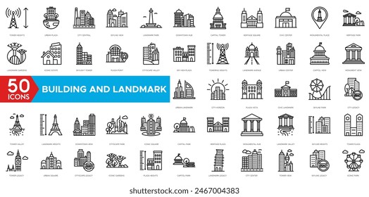 Building And Landmark icon. Tower Heights, Urban Plaza, City Central, Skyline View, Landmark Park, Downtown Hub, Capital Tower, Heritage Square and Civic Center