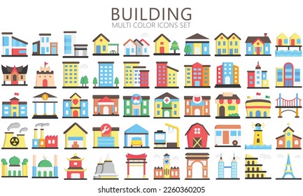 Bau- und Wahrzeichen-Symbole gesetzt. enthalten wie Wohnung, Wohnsitz, Haus, Gebäude, Schule und mehr. Vektor EPS10 bereit konvertiert in SVG. Verwendung für modernes Konzept, UI oder UX Kit, Web und App.