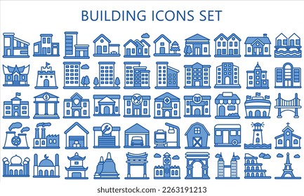 building and landmark icons set. contain such as apartment, condominium, house, building, school and more. vector EPS 10 ready convert to SVG. use for modern concept, UI or UX kit, web and app.