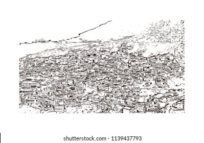 Building landmark of Morocco Country in North Africa. Hand drawn sketch illustration in vector.