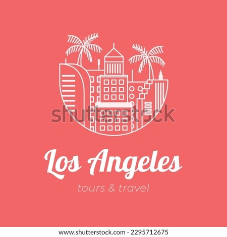 Building, landmark and palm tree logo of Los Angeles for tour and travel company or company that based in LA