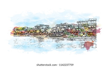 Building with landmark of Split City in Croatia. Watercolor splash with Hand drawn sketch illustration in vector.