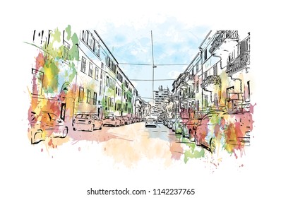 Building with landmark of Split City in Croatia. Watercolor splash with Hand drawn sketch illustration in vector.