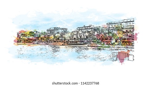 Building with landmark of Split City in Croatia. Watercolor splash with Hand drawn sketch illustration in vector.