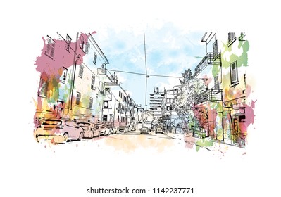 Building with landmark of Split City in Croatia. Watercolor splash with Hand drawn sketch illustration in vector.