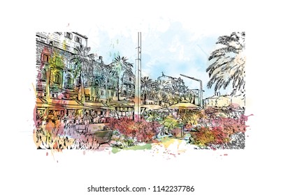 Building with landmark of Split City in Croatia. Watercolor splash with Hand drawn sketch illustration in vector.