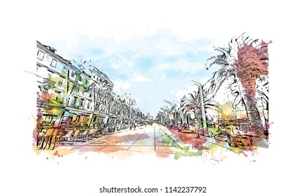 Building with landmark of Split City in Croatia. Watercolor splash with Hand drawn sketch illustration in vector.