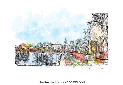 Building with landmark of Split City in Croatia. Watercolor splash with Hand drawn sketch illustration in vector.