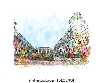 Building with landmark of Split City in Croatia. Watercolor splash with Hand drawn sketch illustration in vector.