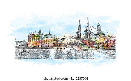Building with landmark of Split City in Croatia. Watercolor splash with Hand drawn sketch illustration in vector.