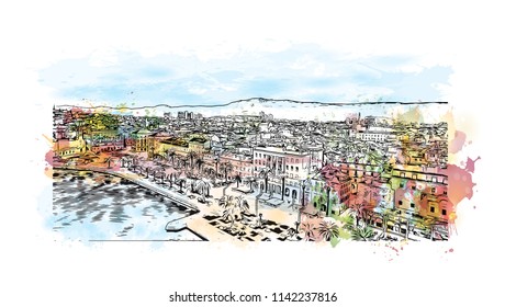 Building with landmark of Split City in Croatia. Watercolor splash with Hand drawn sketch illustration in vector.