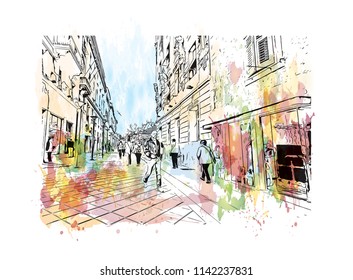 Building with landmark of Split City in Croatia. Watercolor splash with Hand drawn sketch illustration in vector.