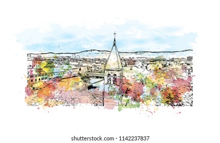 Building with landmark of Split City in Croatia. Watercolor splash with Hand drawn sketch illustration in vector.