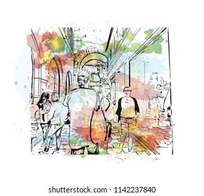 Building with landmark of Split City in Croatia. Watercolor splash with Hand drawn sketch illustration in vector.