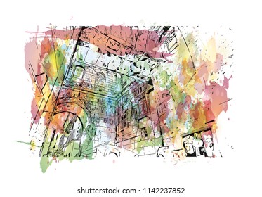 Building with landmark of Split City in Croatia. Watercolor splash with Hand drawn sketch illustration in vector.