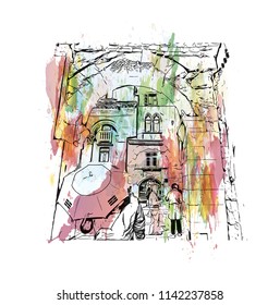 Building with landmark of Split City in Croatia. Watercolor splash with Hand drawn sketch illustration in vector.