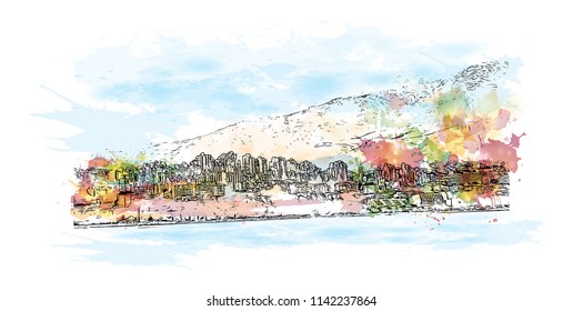 Building with landmark of Split City in Croatia. Watercolor splash with Hand drawn sketch illustration in vector.