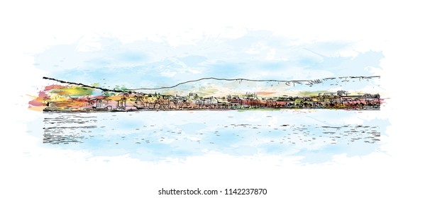 Building with landmark of Split City in Croatia. Watercolor splash with Hand drawn sketch illustration in vector.