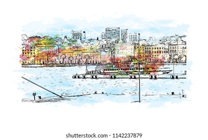 Building with landmark of Split City in Croatia. Watercolor splash with Hand drawn sketch illustration in vector.