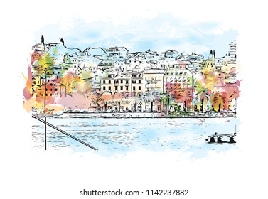 Building with landmark of Split City in Croatia. Watercolor splash with Hand drawn sketch illustration in vector.