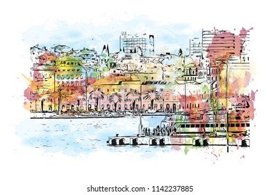 Building with landmark of Split City in Croatia. Watercolor splash with Hand drawn sketch illustration in vector.