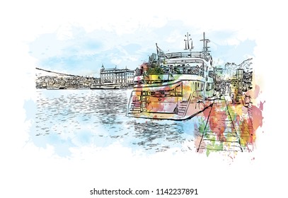 Building with landmark of Split City in Croatia. Watercolor splash with Hand drawn sketch illustration in vector.