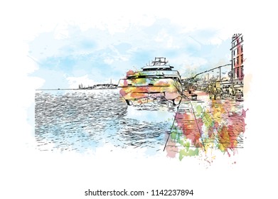 Building with landmark of Split City in Croatia. Watercolor splash with Hand drawn sketch illustration in vector.