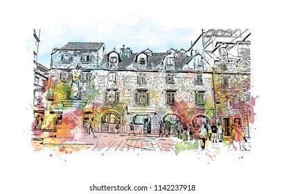 Building with landmark of Split City in Croatia. Watercolor splash with Hand drawn sketch illustration in vector.