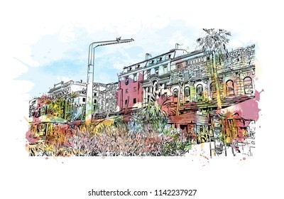 Building with landmark of Split City in Croatia. Watercolor splash with Hand drawn sketch illustration in vector.
