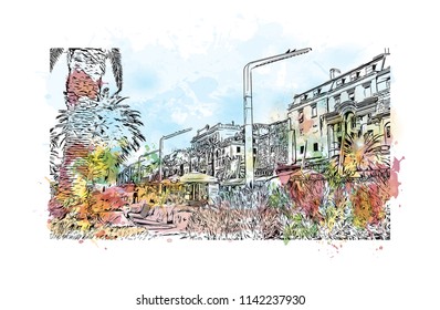 Building with landmark of Split City in Croatia. Watercolor splash with Hand drawn sketch illustration in vector.