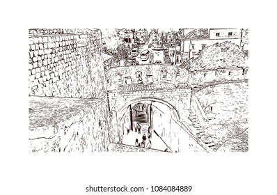 Building landmark with street view of Dubrovnik, City in Croatia. hand drawn sketch illustration in vector.