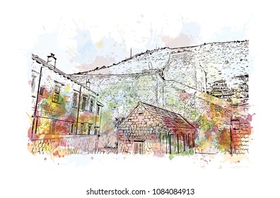 Building landmark with street view of Dubrovnik, City in Croatia. Watercolor splash with hand drawn sketch illustration in vector.