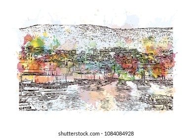 Building landmark with street view of Dubrovnik, City in Croatia. Watercolor splash with hand drawn sketch illustration in vector.