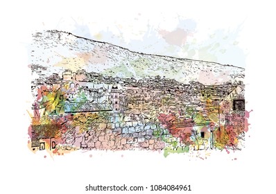 Building landmark with street view of Dubrovnik, City in Croatia. Watercolor splash with hand drawn sketch illustration in vector.