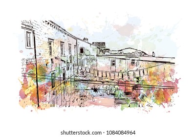 Building landmark with street view of Dubrovnik, City in Croatia. Watercolor splash with hand drawn sketch illustration in vector.