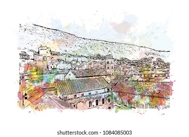 Building landmark with street view of Dubrovnik, City in Croatia. Watercolor splash with hand drawn sketch illustration in vector.