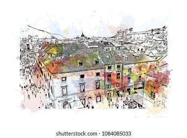 Building landmark with street view of Dubrovnik, City in Croatia. Watercolor splash with hand drawn sketch illustration in vector.