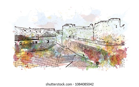Building landmark with street view of Dubrovnik, City in Croatia. Watercolor splash with hand drawn sketch illustration in vector.