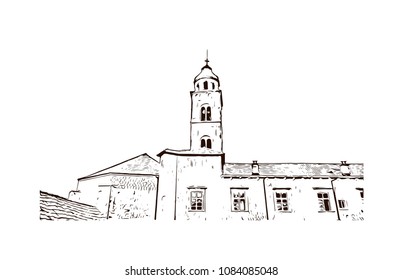 Building landmark with street view of Dubrovnik, City in Croatia. hand drawn sketch illustration in vector.