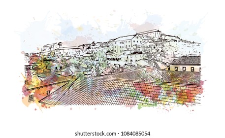 Building landmark with street view of Dubrovnik, City in Croatia. Watercolor splash with hand drawn sketch illustration in vector.