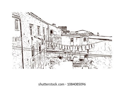 Building landmark with street view of Dubrovnik, City in Croatia. hand drawn sketch illustration in vector.